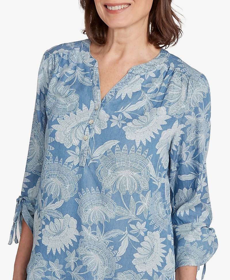 Alfred Dunner Women's Classic Floral Monotone Lyocell Henley Top