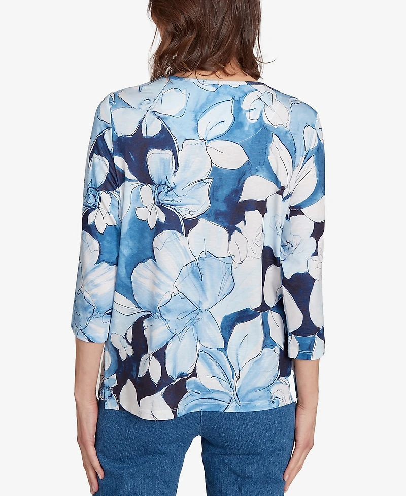 Alfred Dunner Women's Classic Monotone Floral Embellished Top