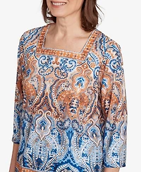 Alfred Dunner Women's Classic Medallion Bordered Square Neck Top