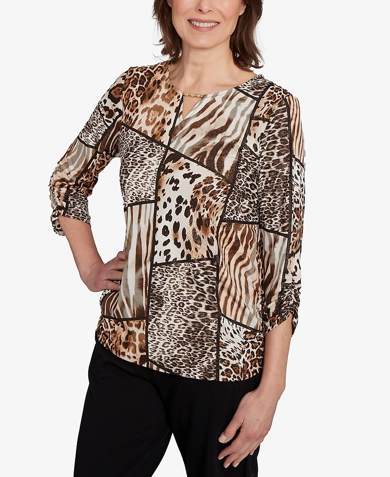 Alfred Dunner Women's Classic Puff Animal Print Color Block Top