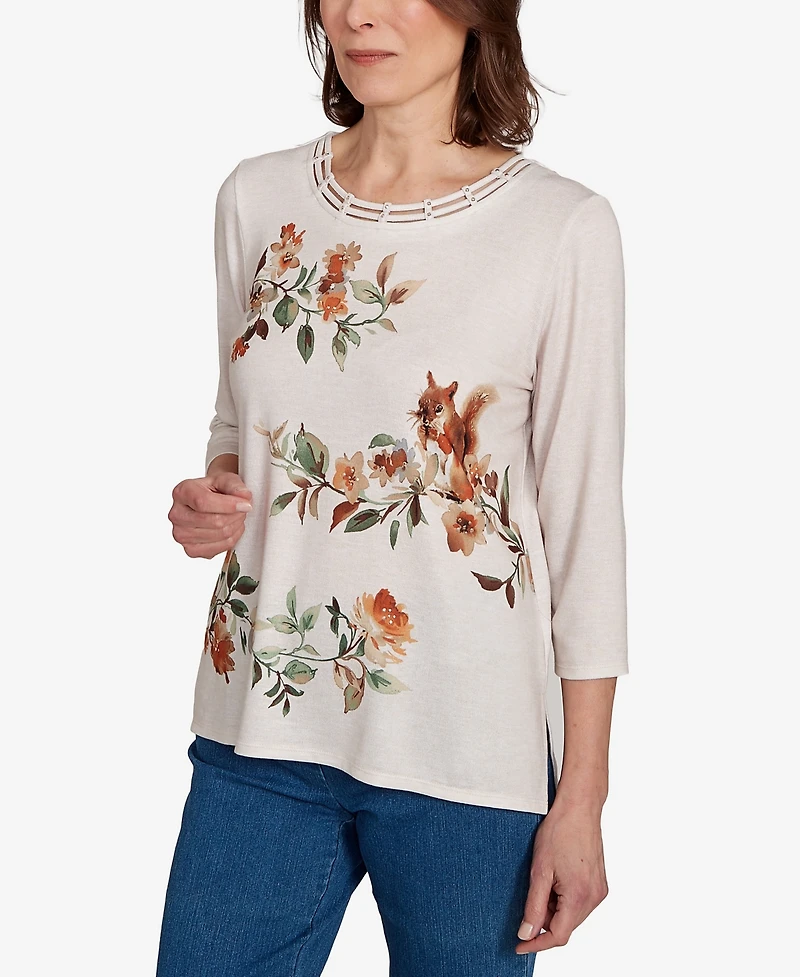 Alfred Dunner Women's Classic Floral Squirrel Harvest Top