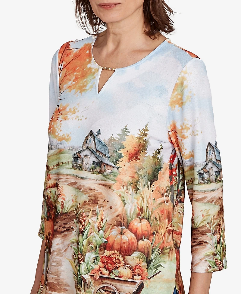 Alfred Dunner Women's Classic Farm Landscape Harvest Floral Top