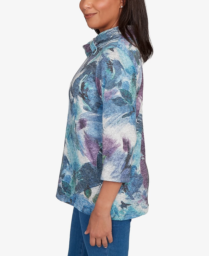 Alfred Dunner Women's Classic Floral Brushstroke Mock Neck Top