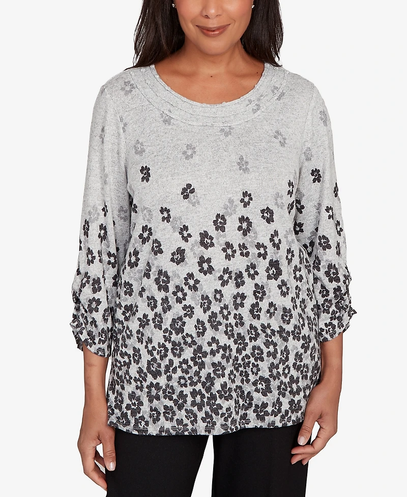 Alfred Dunner Women's Classic Floral Border Gathered Sleeve Top