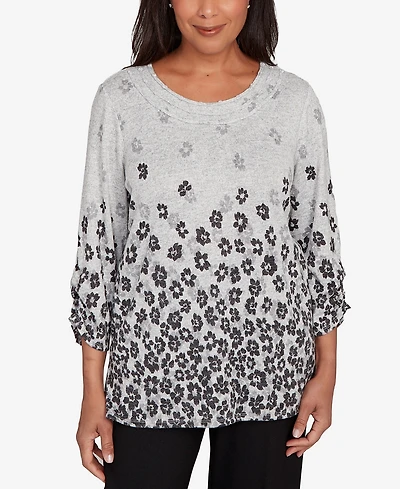 Alfred Dunner Women's Classic Floral Border Gathered Sleeve Top