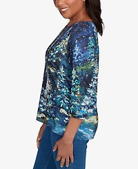 Alfred Dunner Women's Classic Starry Night Holiday Tree Crew Neck Top