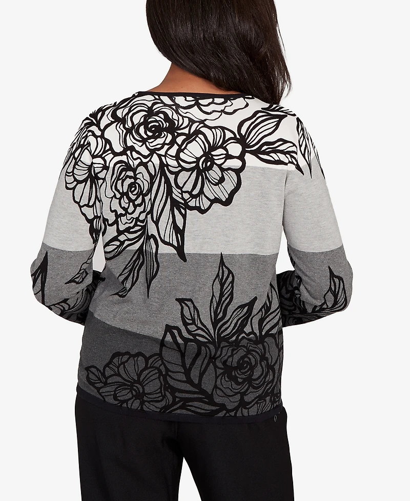 Alfred Dunner Women's Classic Ombre Floral Block Stripe Sweater