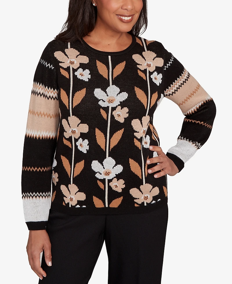 Alfred Dunner Women's Classic Vertical Flower Zig Zag Long Sleeves Sweater