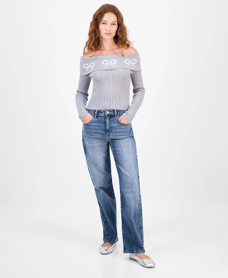 Madden Girl Juniors' Jacquard-Bow Off-The-Shoulder Sweater