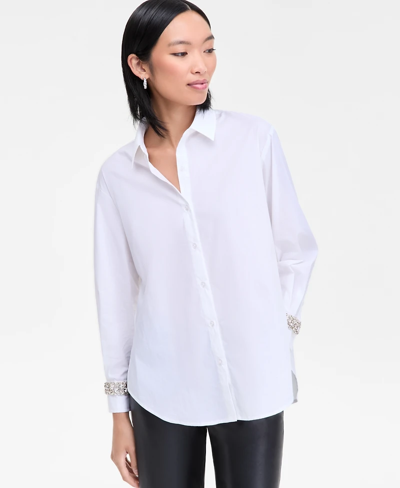 I.n.c. International Concepts Women's Embellished-Cuff Relaxed Shirt, Macy's Exclusive