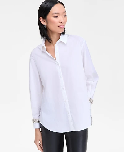 I.n.c. International Concepts Women's Embellished-Cuff Relaxed Shirt, Macy's Exclusive