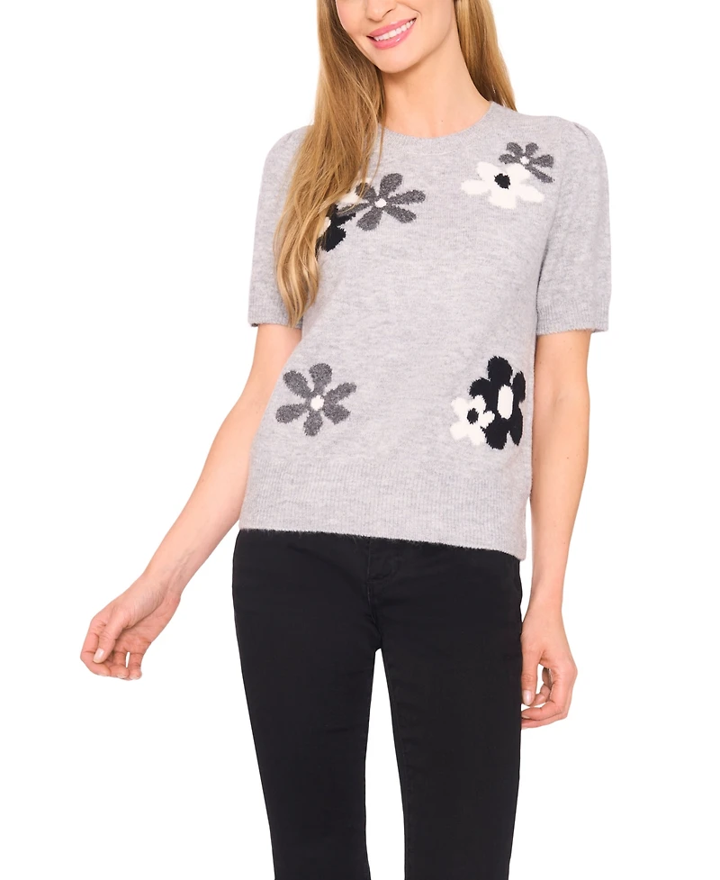 CeCe Women's Crewneck Flower Patterned Knit Short-Sleeve Sweater