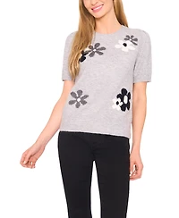 CeCe Women's Crewneck Flower Patterned Knit Short-Sleeve Sweater