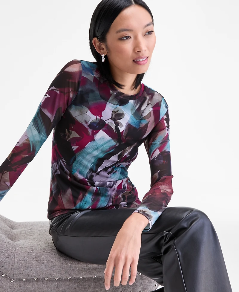 I.n.c. International Concepts Women's Printed Mesh Long-Sleeve Top, Macy's Exclusive