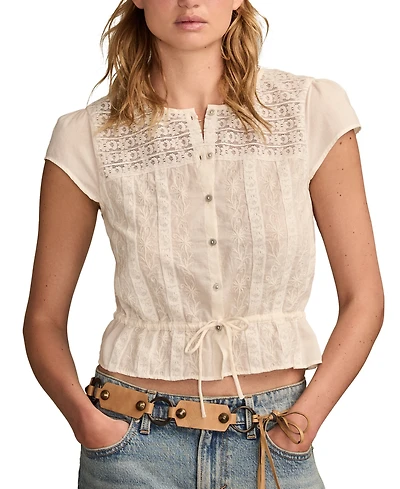 Lucky Brand Women's Round-Neck Button-Front Tie Cotton Top