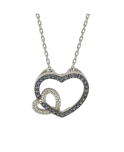 Suzy Levian New York Sterling Silver Sapphire & Created White Double Heart Pendant Necklace