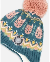 Deux par Baby Girl Lined Peruvian Knit Pompom Hat Green and Pink 