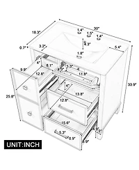 Casainc 30" Bathroom Vanity with Ceramic Sink, Flip-Out Drawer for Plumbing, Soft Close Drawers