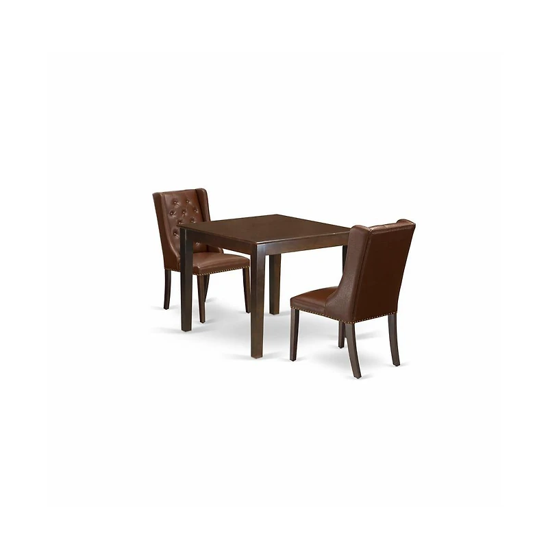 East West Furniture 3-Piece Dining Room Table Set Includes 1 Wood Dining Table and 2 Brown Linen Fabric Upholstered Dining Chairs with Button Tufted B