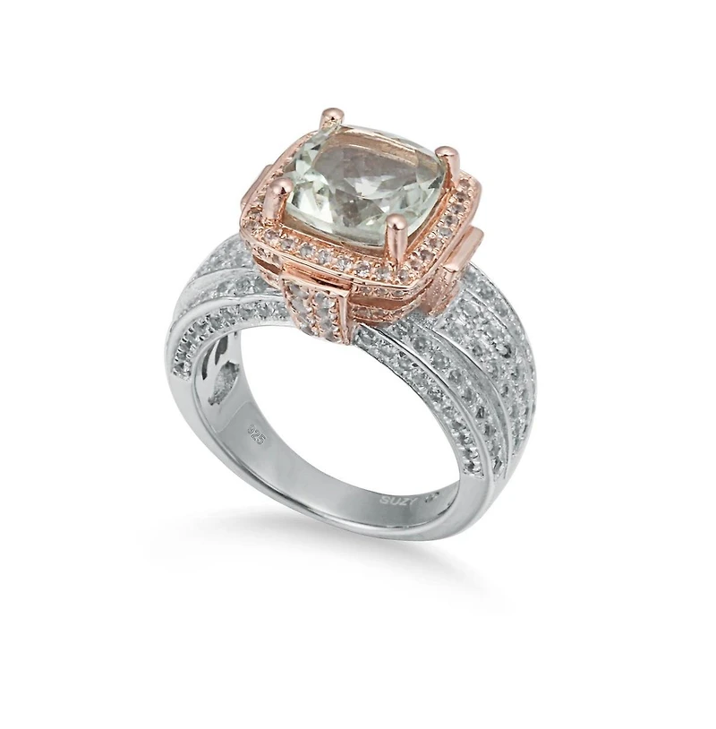 Suzy Levian Two-Tone Sterling Silver Cushion Cut Center Topaz Cocktail Milano Ring