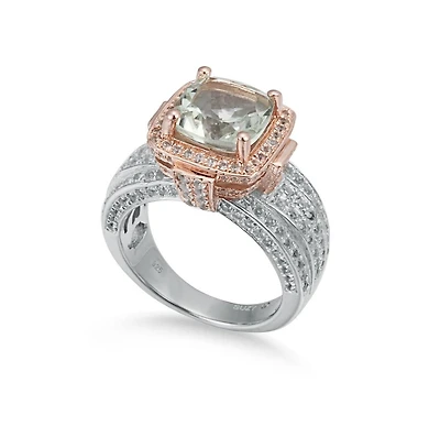Suzy Levian Two-Tone Sterling Silver Cushion Cut Center Topaz Cocktail Milano Ring