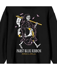 Pabst Blue Ribbon Men's Grim Reaper Enjoying a Beer Adult Black Crew Neck Sweatshirt-3XL