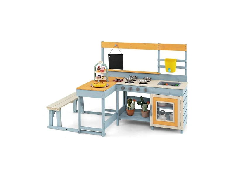 Fir Wood Play Kitchen with Kids Picnic Table and Built-in Bench