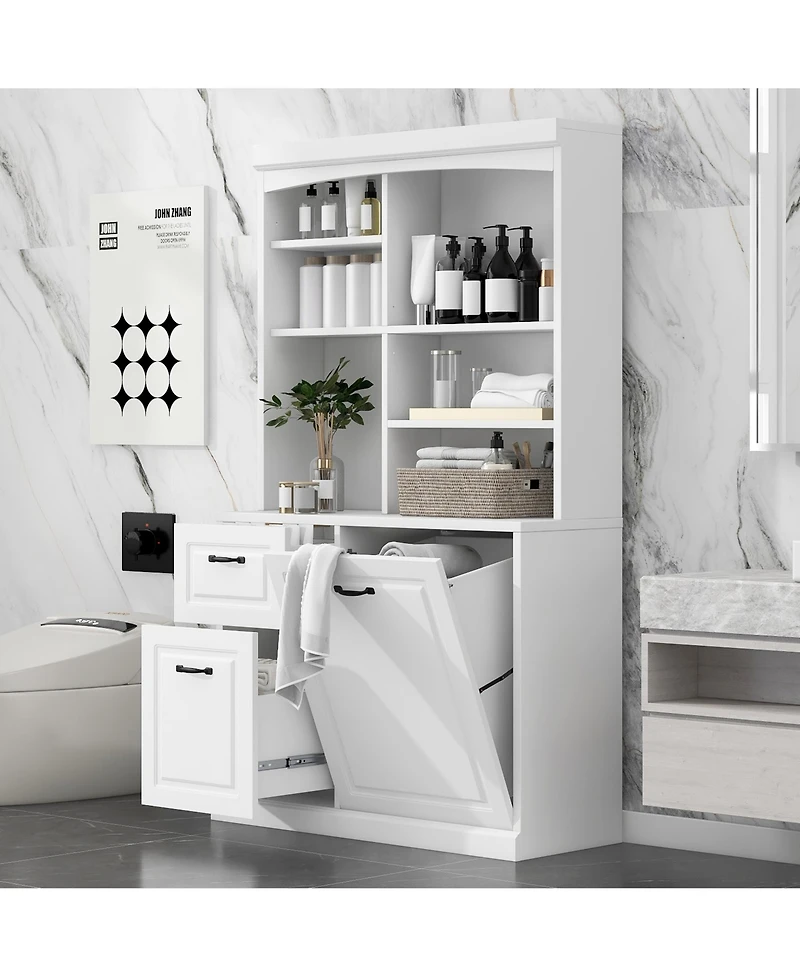 Casainc Bathroom Storage Cabinet with Tilt-Out Hamper, 70.9" Tall Organizer, Drawers & Adjustable Shelves