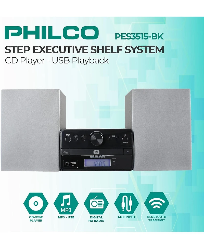Philco Stereo Shelf Systems Tray Loading Cd Player with Digital Fm Radio, Bluetooth Streaming, Remote Control in Silver