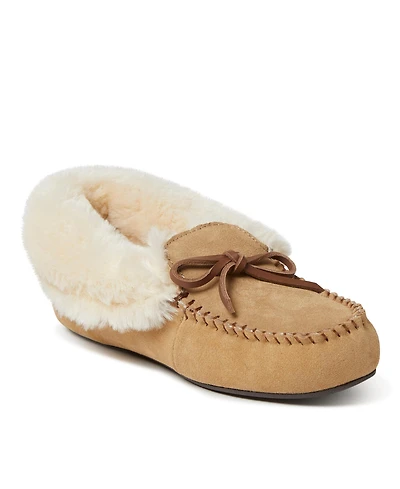 Dearfoams Women's Genuine Suede Fold Over Moccasin House Shoe Slipper