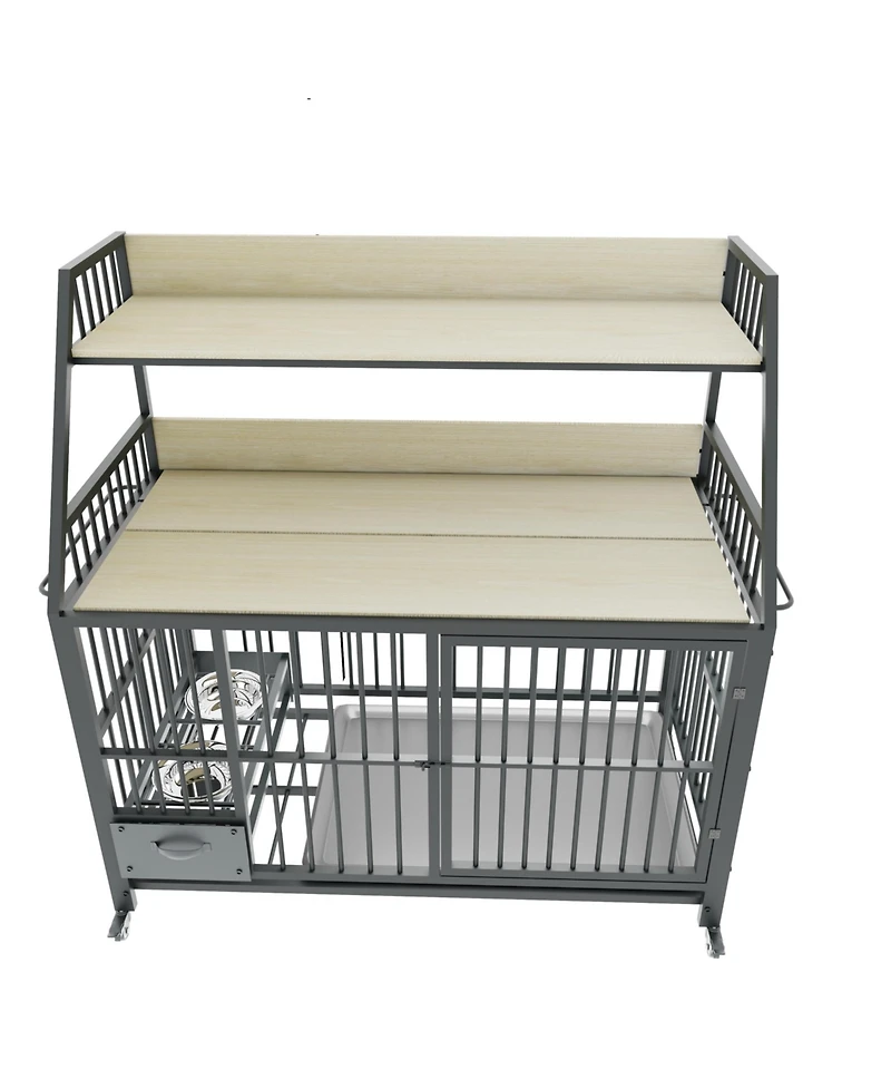 Aostirmotor 35 in. W x 49 in. H x 24 in. D Large Pet Cage with Storage Rack Drawers with Stainless Steel Food in Beige