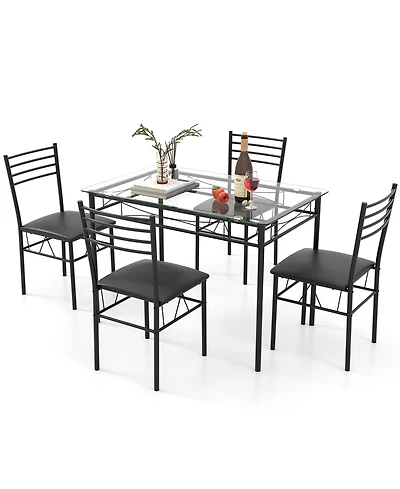 Gymax 5 Pc Dining Set Glass Top Table and 4 Chairs Kitchen Room Furniture