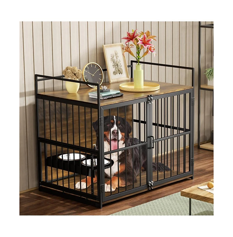 Aostirmotor 48 in. Furniture Style Large Dog Crate with 360° Adjustable Raised Feeder for Dogs