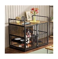 Aostirmotor 48 in. Furniture Style Large Dog Crate with 360° Adjustable Raised Feeder for Dogs