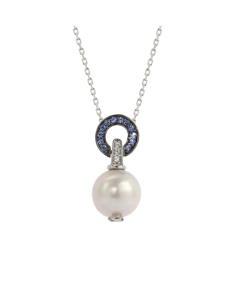 Suzy Levian New York Sterling Silver Freshwater Pearl & Sapphire Classic Circle Pendant