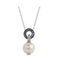 Suzy Levian New York Sterling Silver Freshwater Pearl & Sapphire Classic Circle Pendant
