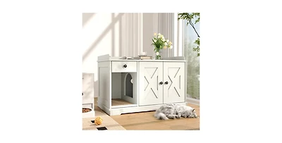 Aostirmotor Cat Litter Box Cabinet with Drawer and Mat White