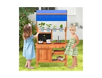 Wooden Pretend Play Kitchen with Height Adjustable Canopy for Kids