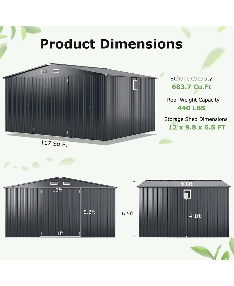 Costway 12 x 9.8 Ft Outdoor Storage Shed All-Weather & Rustproof Galvanized Metal
