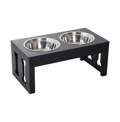 Aostirmotor 23in Black Modern Decorative Dog Bone Wooden Heavy Duty Pet Food Bowl Elevated Feeding Station
