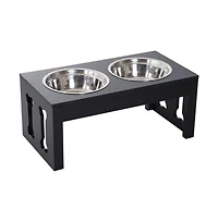 Aostirmotor 23in Black Modern Decorative Dog Bone Wooden Heavy Duty Pet Food Bowl Elevated Feeding Station