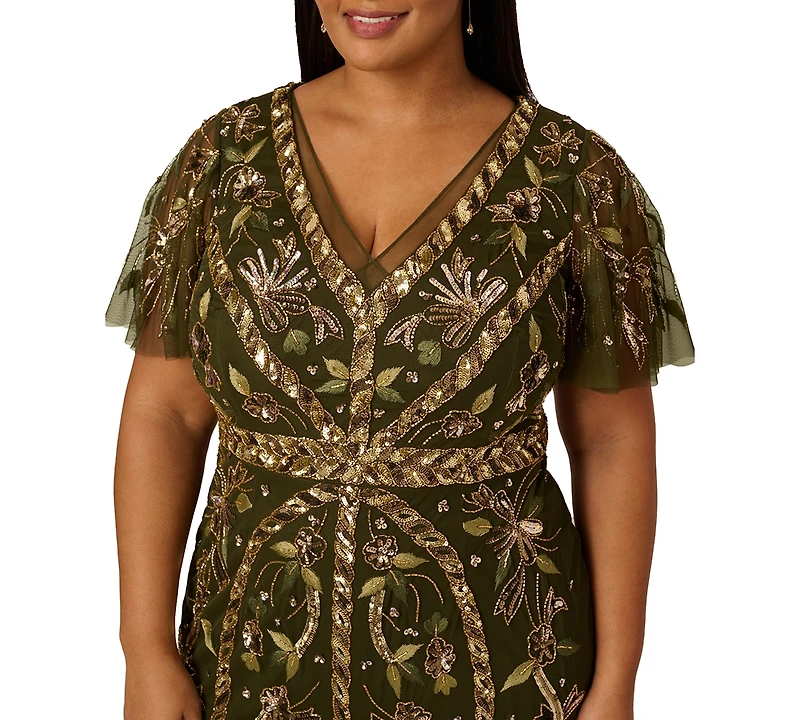 Adrianna Papell Plus Beaded Flutter Sleeve Midi Dress