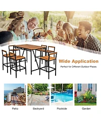 Gymax 7pieces Outdoor Acacia Wood Dining Set Pe Rattan Patio Bar Set with Umbrella Hole