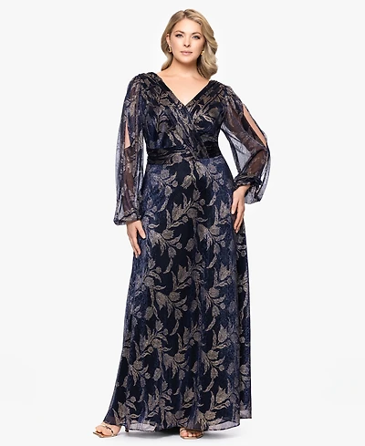 Betsy & Adam Plus Foil Crink Long Sleeve A-Line Dress