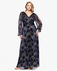 Betsy & Adam Plus Foil Crink Long Sleeve A-Line Dress
