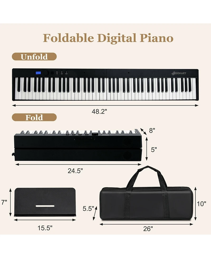 88-Key Foldable Digital Piano with Midi and Wireless Bluetooth