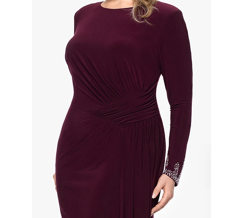 Betsy & Adam Plus Long Sleeve Beaded Dress