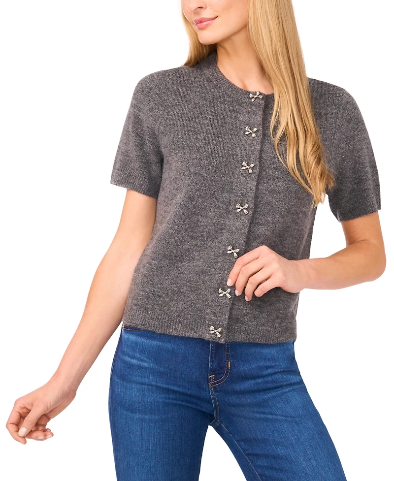 CeCe Women's Short Sleeve Bow Button Cardigan Sweater