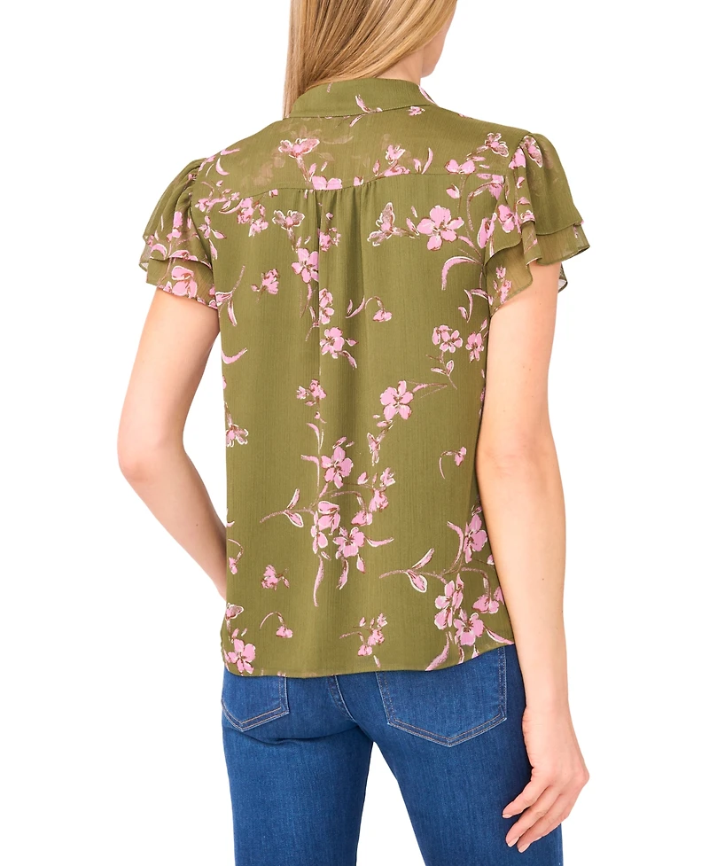 CeCe Women's Double Flutter Short Sleeve Hidden Placket Top