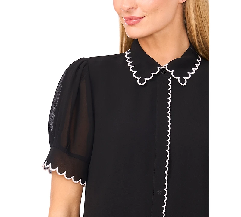 CeCe Women's Scallop Contrast Trim Button Up Top